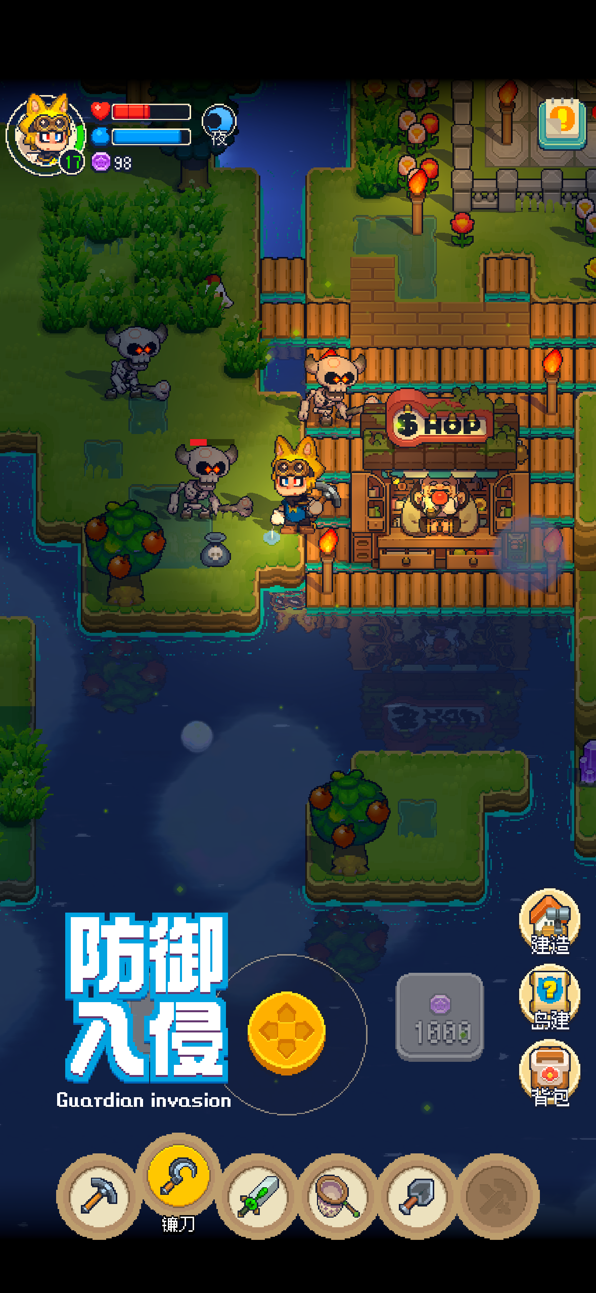 An island shop beside a river, connected to other land by wooden bridges.