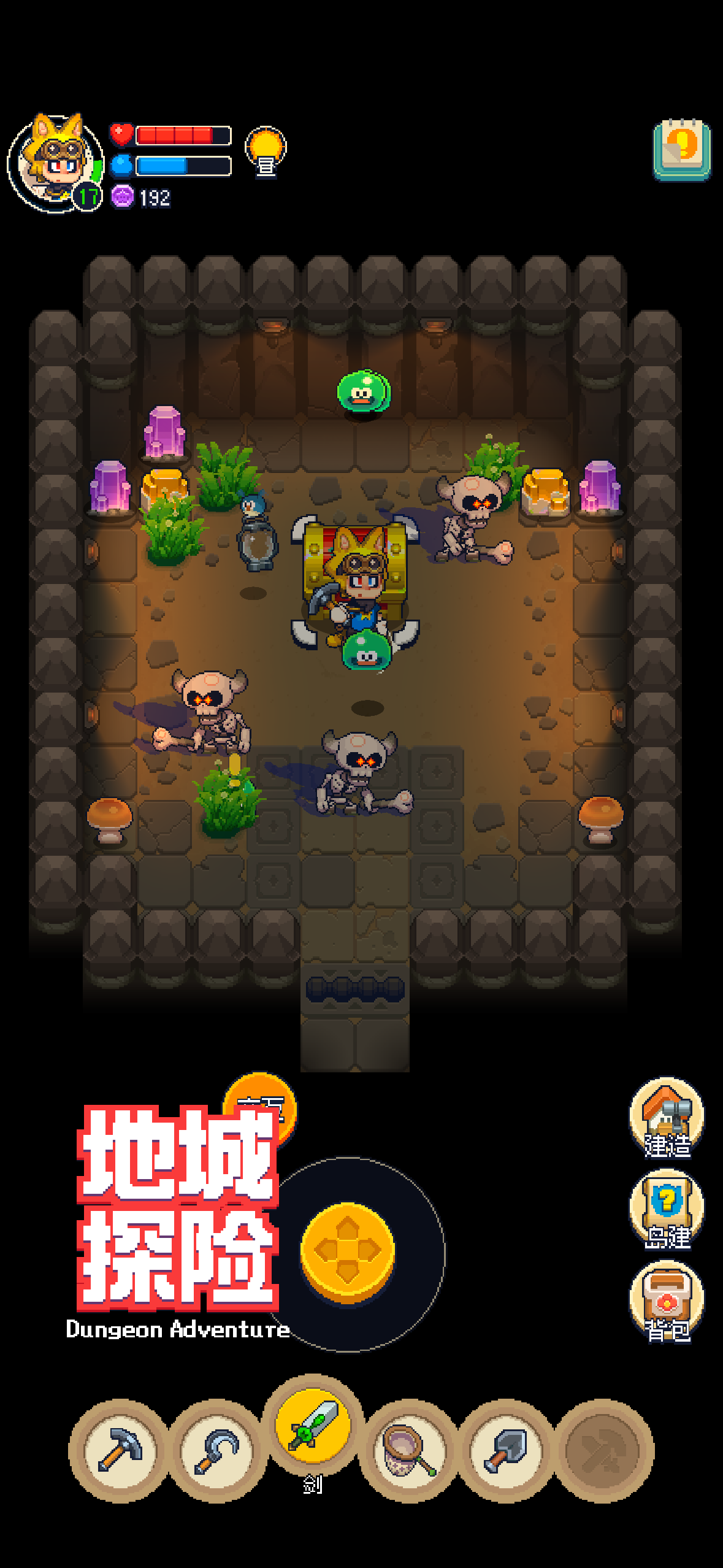 The adventurer facing horned skeletons and slimes in a torch-lit dungeon.